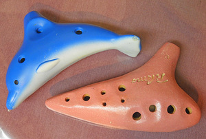 * ocarina * pink C/ dolphin * ceramics made 2 piece together 
