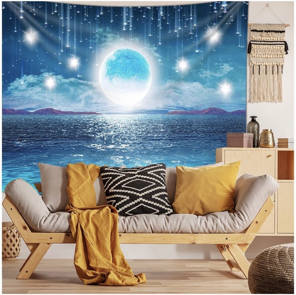 Tapestry wall hanging interior decor Instagram poster sea moon stars night sky night view, Handmade items, interior, miscellaneous goods, panel, Tapestry