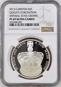 2013年 イギリス エリザベス 2世 コロネーション 戴冠式60周年記念 クラウンジュエル 5ポンド プルーフ 銀貨 NGC PF69 ULTRA CAMEO
