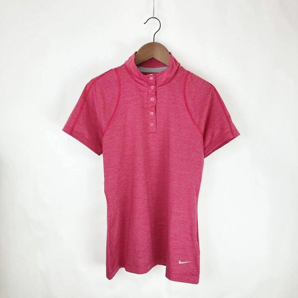 大きいサイズ NIKE ナイキ 吸水速乾 レディース 半袖 Tシャツ カットソー トップス ハーフジップ ボーダー ピンク Lサイズ golf ゴルフ