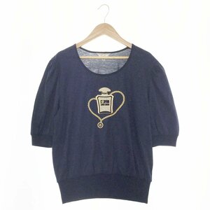 ★Leilian レリアン 半袖 香水瓶モチーフTシャツ レディース サイズ9 刺繍 トップス ネイビー ゴールドカラーモチーフ 0302919 1BA/40310