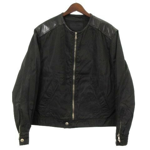 【中古】プラダ PRADA ノーカラー ジャケット ブルゾン レザー ナイロン 切替 イタリア製 黒 ブラック M アウター