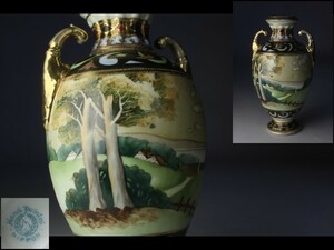 【西】Ｔ075 オールドノリタケ 風景図 耳付 花瓶