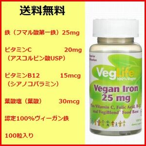  ヴィーガン鉄 鉄 サプリメント 健康食品 鉄＋ビタミンC＋ビタミンB12＋葉酸 栄養素四種類配合 100 粒 フェリチン値 ATP必要栄養素 VL