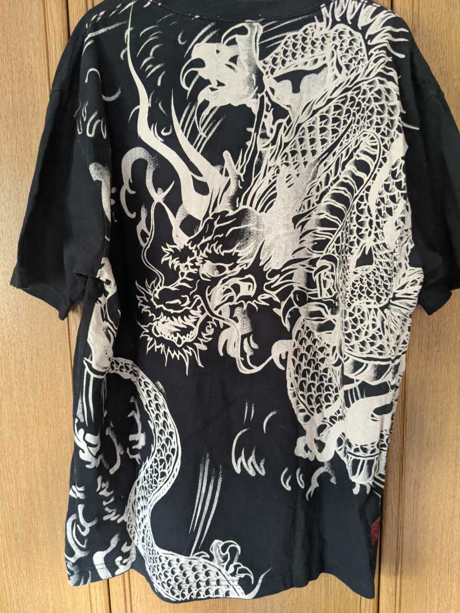 絡繰魂 龍神 ドラゴン 桜 牡丹 刺繍 半袖Tシャツ 黒色 ブラック XLサイズ 即決