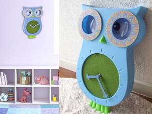 新品☆TFA Dostmann☆フクロウ クロック青　Owl鳥Shapedミミズクふくろう梟アニマル振り子Silent北欧Wall Clock掛時計レトロ子供部屋 時計