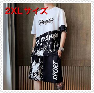 シャツ 半袖 メンズ 夏服 夏 白黒 セットアップ 上下セット ハーフパンツ ジャージ モノトーン バイカラー