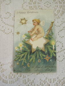 アンティーク　絵葉書　エンボス加工　クリスマス　もみの木　枝　天使　星　オーナメント　キャンドル　アメリカ切手　1905年