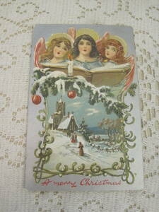 ドイツ製　アンティーク　絵葉書　エンボス加工　天使　合唱　キャンドル　教会　雪景色　ヤドリギ　クリスマス　アメリカ切手　1910年