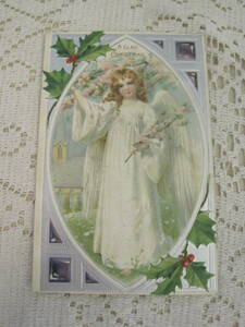 アンティーク　絵葉書　ポストカード　天使　クリスマス　柊　桜　アメリカ切手　1907年