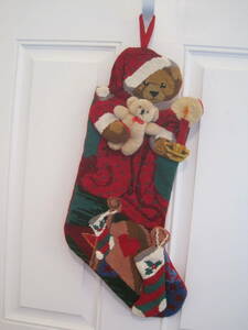 XMAS クリスマス　ニードルポイント刺繍　ストッキング　靴下　くま　テディベア　ぬいぐるみ　おもちゃ　ベルベット