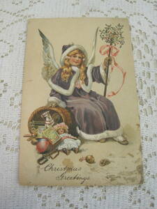 ドイツ製　アンティーク　絵葉書　ポストカード　エンボス加工　クリスマス　天使　ヤドリギ　おもちゃ　アメリカ切手　1908年