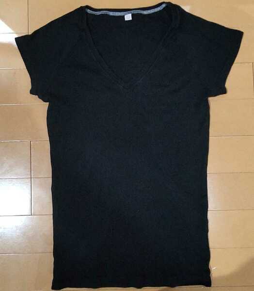 送料無料！UNIQLO(ユニクロ)Vネック半袖Tシャツ/黒/リブ/綿100％/レディースLサイズ