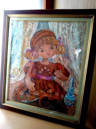 昭和初期 昭和レトロ 古美術 アンティーク 油絵 肉筆 少女画 メルヘン 女の子 人形 人物画 共箱 高級額装入 12号 Fサイズ 一点物 作者不明, 絵画, 油彩, 人物画