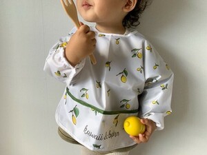 360 times somewhere . seeing . pretty lemon pattern long sleeve water-repellent apron convenient 2 pieces set (^^) child care . kindergarten smock postage 198 jpy 