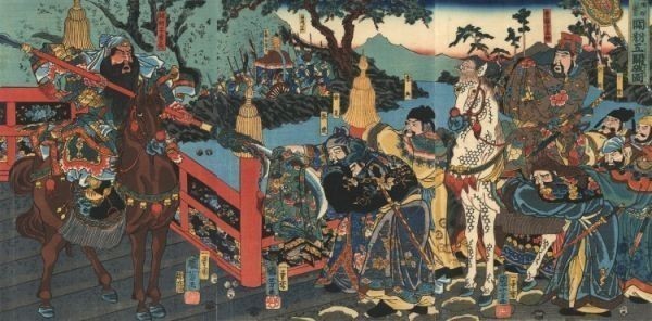 [Vollbildversion] Die Geschichte der Drei Reiche: Guan Yu und Cao Cao Beliebte Geschichte der Drei Reiche: Guan Yu und die fünf Pässe der Zerstörung Utagawa Kuniyoshi 1853 Tapetenplakat 603 x 297 mm Abziehbarer Aufkleber Typ 003S2, Malerei, Ukiyo-e, Drucke, Kriegergemälde