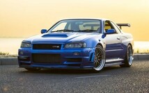 日産 GT-R R34 カスタム 青 1999年 絵画風 壁紙ポスター ワイド版603×376mm（はがせるシール式）002W2_画像1