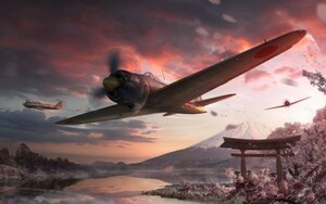 Art hand Auction Zero Fighter Zero Fighter Type 21 A6M2-b Mt. Fuji Sakura Fighter Military Art Painting Style Wallpaper Poster Wide Version 603 x 376 mm Peelable Sticker Type 007W2, Hobby, Culture, military, others