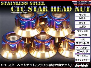 SUSステンレス M14スターヘッドナット P=1.50 フランジ付六角ナット ツートンカラー ゴールド＆焼チタンカラー TF0147