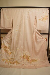 Art hand Auction Specially selected light red hand-painted Yuzen cloud pattern with Hikita flower pattern embroidery visiting kimono [H14042], Women's kimono, kimono, Visiting dress, Untailored