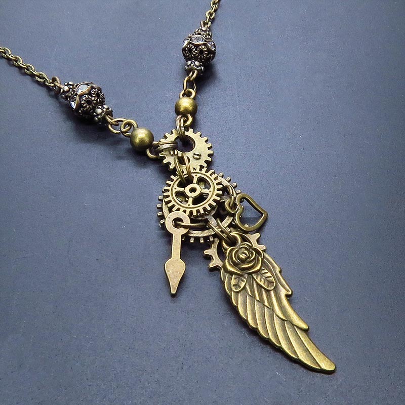 Antique gold, steampunk necklace with wings and gears, long chain, feather, heart, clock hands, Handmade, Accessories (for women), necklace, pendant, choker