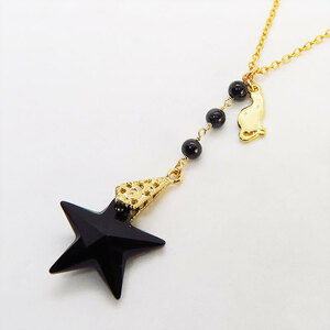 Art hand Auction 14KGF Cat motif necklace, large star-shaped jet and 3-row onyx, cat accessory, black onyx, black amber, jet black gemstone, Handmade, Accessories (for women), necklace, pendant, choker