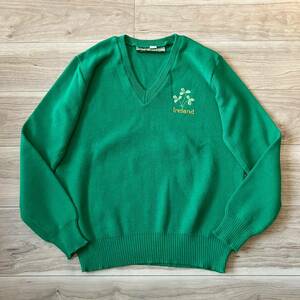 【アイルランド製】ビンテージ Traditional Craft アイリッシュセーター ニット Ireland Vネック グリーン 緑 ヴィンテージ 男女 R-3260