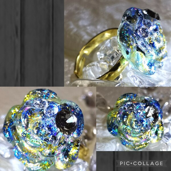 ☆ハンドメイド☆レジンリング薔薇☆bluegreen＆gold mix☆