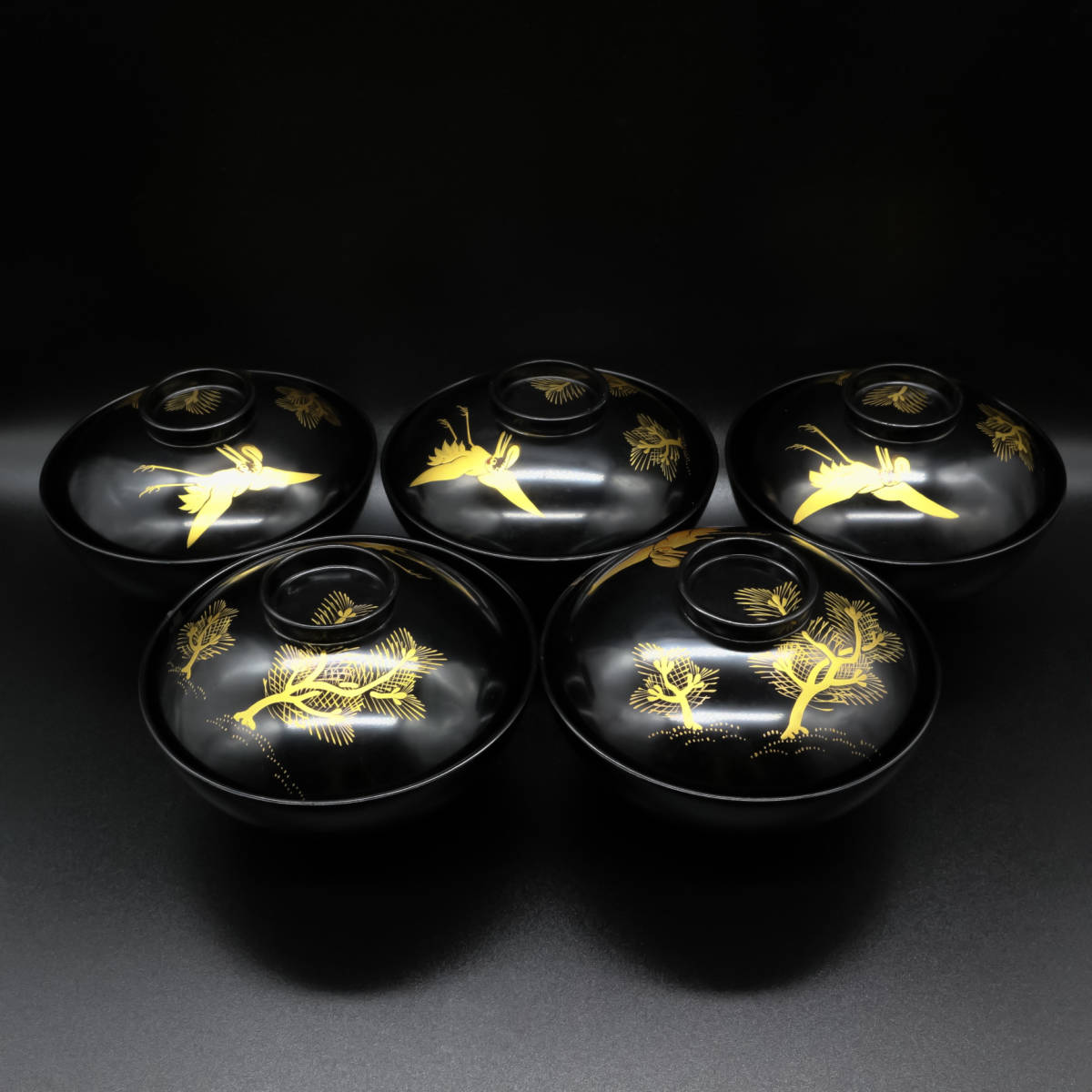 吸物椀 / 5客 / 漆塗 / 鶴松文 / 蒔絵 / 共箱 / 古い / お椀 / 漆器