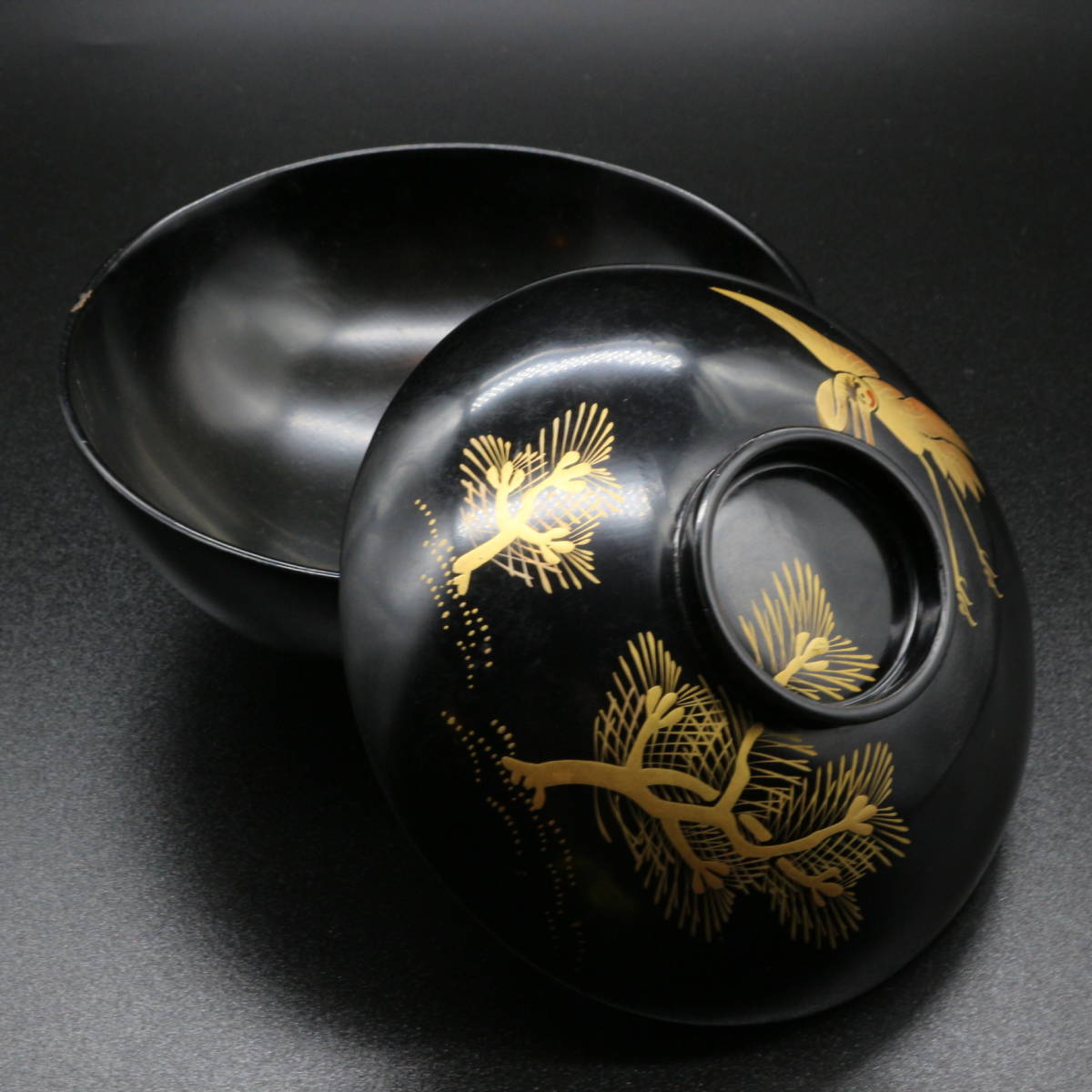 吸物椀 / 5客 / 漆塗 / 鶴松文 / 蒔絵 / 共箱 / 古い / お椀 / 漆器