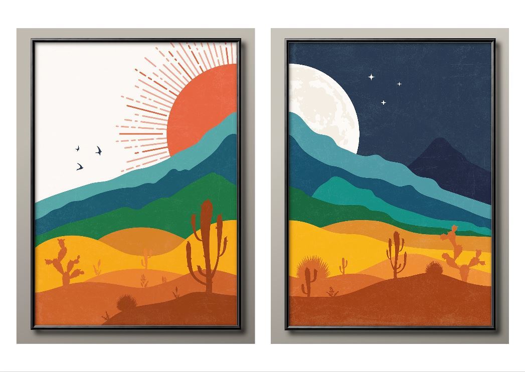 8462.8463■Free shipping!! A3 poster Moon and Sun sun&moon 2-piece set Nordic/Korean/painting/illustration/matte, Housing, interior, others
