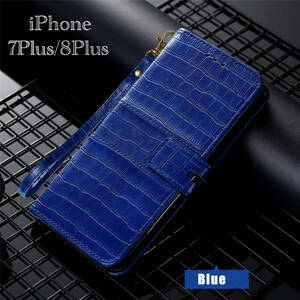iPhone8Plus iPhone7Plus 手帳型ケース　レザー 革　クロコダイル型押し　クロコ　ストラップ　収納ケース　液晶フィルム　ブルー