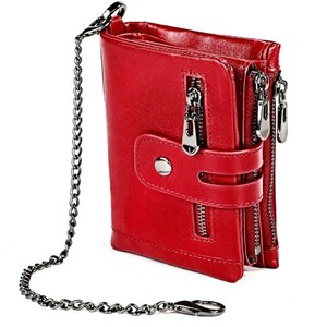 二つ折り財布　高級牛革使用　バイカーズウォレット　チェーン付き　大容量　赤色