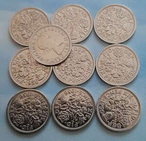 エリザベス女王の幸せのシックスペンス イギリス 10枚セットラッキー6ペンス 本物古銭英国コイン 美品です19.5mm 