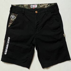 BAPE A BATHING APE ア ベイシング エイプ ハーフ ショート パンツ 黒×迷彩 M 美品 管理A1313