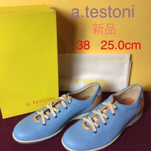 【売り切り!送料無料!】A-221 a.testoni!38!25.0cm!レザーシューズ!定価70,000円位!ブルー!箱付き!保存袋付き!新品!未使用!