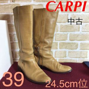 【売り切り!送料無料!】A-222 CARPI!ロングブーツ!ベージュ!キャメル系!39 24.5cm位!サイドチャック!傷汚れあり!中古!