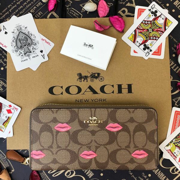 COACH コーチ くちびる リップ ブラウン シグネチャー 長財布