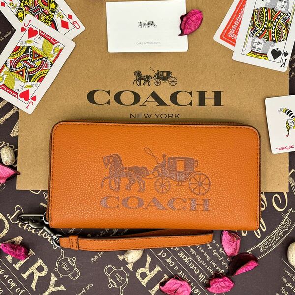 COACH コーチ ストラップ付 馬車 ブラウン 長財布