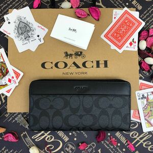 COACH コーチ ブラック 前面ポケット シグネチャー 長財布