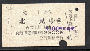 硬券 国鉄 滝川から北見ゆき 乗車券 A型