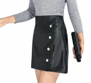  lady's fake leather decoration button attaching tight skirt knees on height miniskirt black M