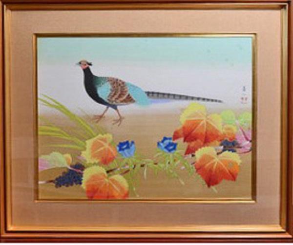 2005 A work depicting a beautiful colored pheasant and plants by Japanese painter Miichi., painting, Japanese painting, flowers and birds, birds and beasts