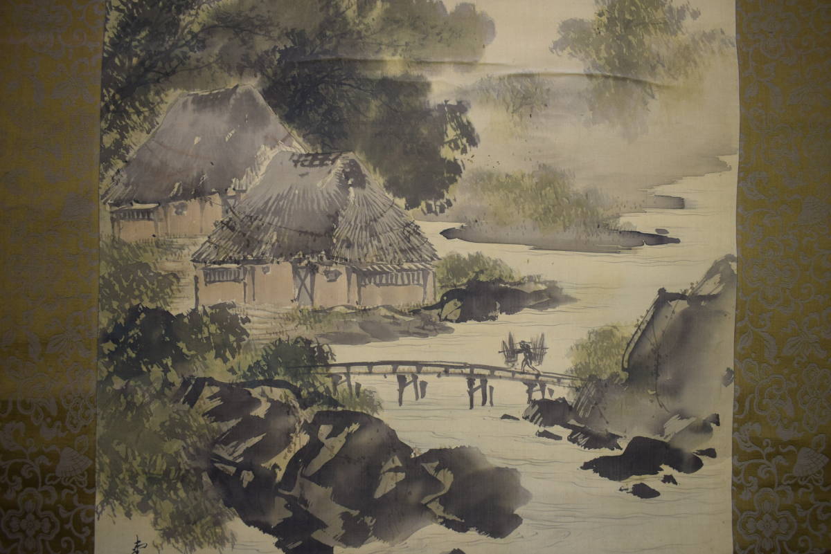 真作】矢野南景/宍道湖風景図/魚売の図/山水人物図/掛軸☆宝船☆AA-911
