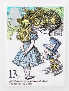 不思議の国のアリス チェシャ猫 英国 切手 Alice's Adventures in Wonderland 国際児童年 1979年 Royal Mail 2019年&2022年アリス展チラシ