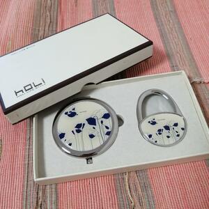  compact mirror . bag hanger. set white ground . blue poppy . small bird san 