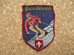 70s スイスGRINDELWALDグリンデルヴァルト ビンテージ刺繍ワッペン/スキーヤー登山トラッキング旅行エンブレム紋章アップリケ雪山アルプス