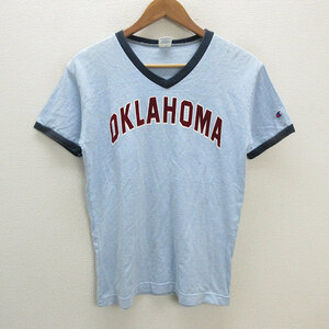 s■チャンピオン/champion Vネック 半袖リンガーTシャツ/OKLAHOMA【M】水色/MENS/47【中古】