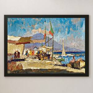 Art hand Auction Konstantin Gorbatov Ansicht von Neapel Malerei Kunst glänzend Poster A3 Bar Cafe klassische Innenlandschaft Italien Kanal Segelschiff, Gehäuse, Innere, Andere