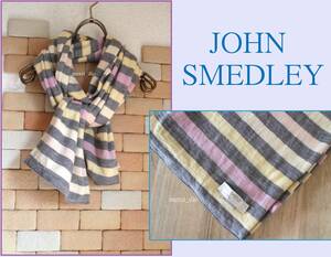 定価２.７万 ジョンスメドレー JOHN SMEDLEY for SHIPS メリノウール１００＆ ボーダー柄 ロングマフラー パステルカラーライトグレー 別注